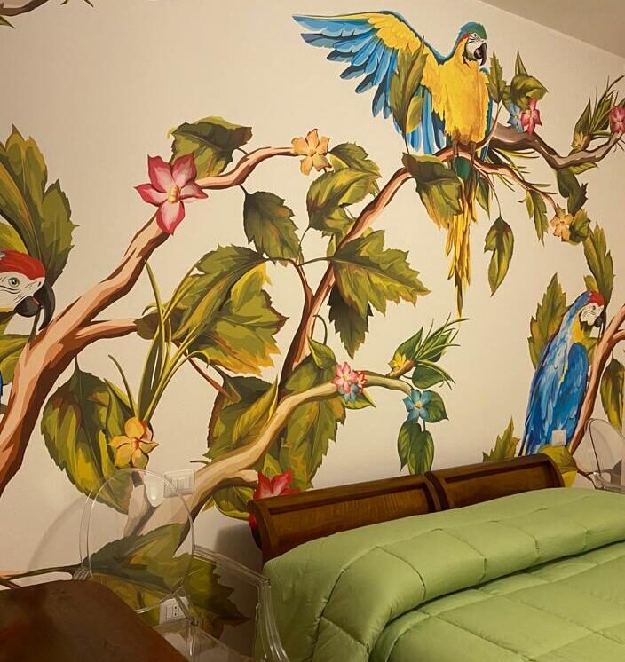 Carta da parati per camera da letto con pappagalli